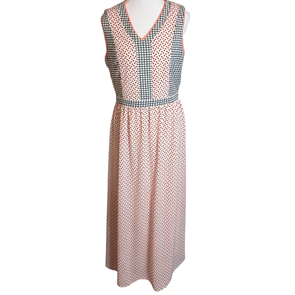 Gibson Latimer Sleeveless Coral/Black V-Neck Midi‎ Dress Size M Geometric Print
